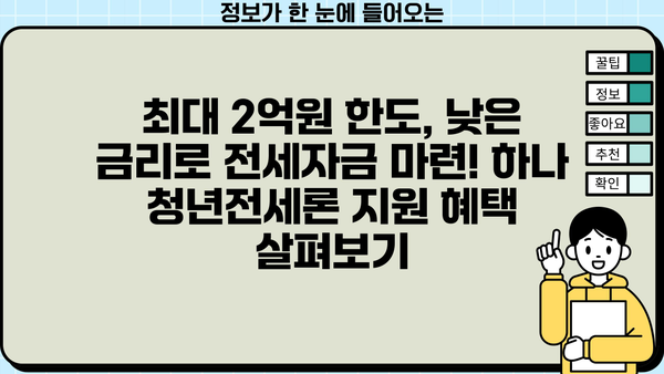 하나은행 하나 청년전세론| 청년층 주거 지원 완벽 가이드 | 한도, 금리, 혜택, 자격조건, 신청방법